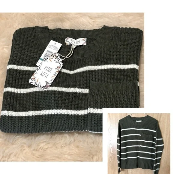 Cable Knit Green/ White Crewneck Stripes Oversized Cropped Sweater - Picture 5 of 5